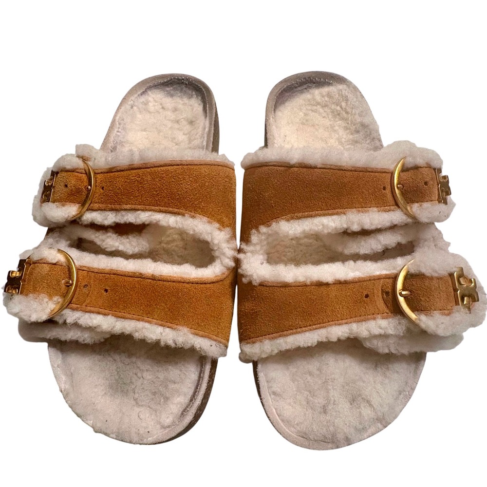 $289 TORY BURCH Anatomic Shearling Lined Slides Tan Suede Gold Buckle‎ Sz W5.5